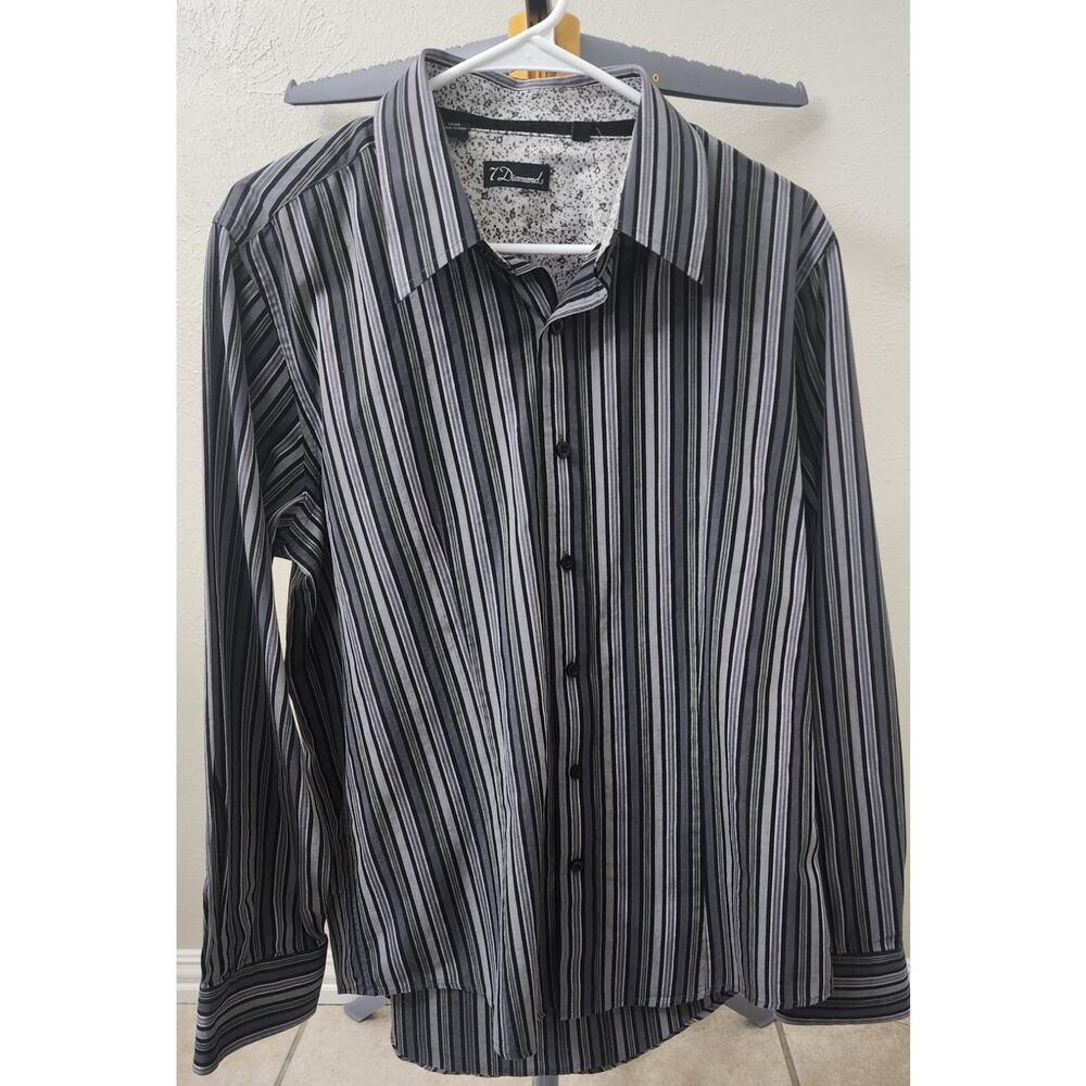 7 Diamonds Black And Grey Striped LS Shirt Size Large 100% Cotton Button-up